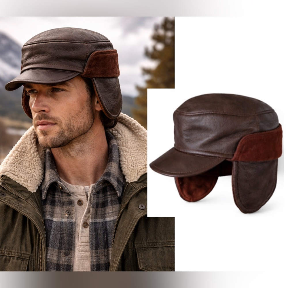 Brown Leather Trapper / Bomber Hat – Ear Flap – Snap Closure – Sz 7–7 1/4